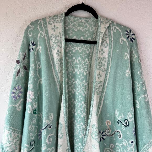 Vintage Floral Knit Sweater Shawl Kimono Cottagecore Granny Reversible Blue - Picture 3 of 7